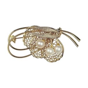 Vintage Floral Spray Brooch Filigree Faux Pearl Leaf Berries Gold Plated 2" Long